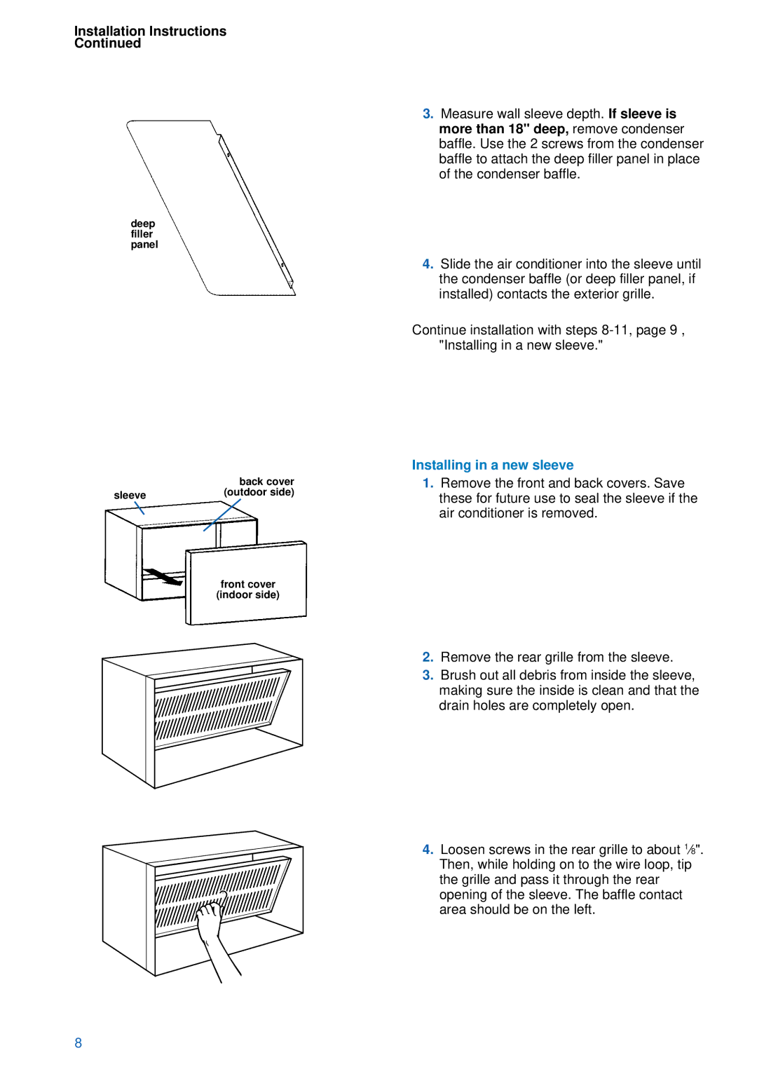 Whirlpool ACU124PK0 installation instructions Installing in a new sleeve 