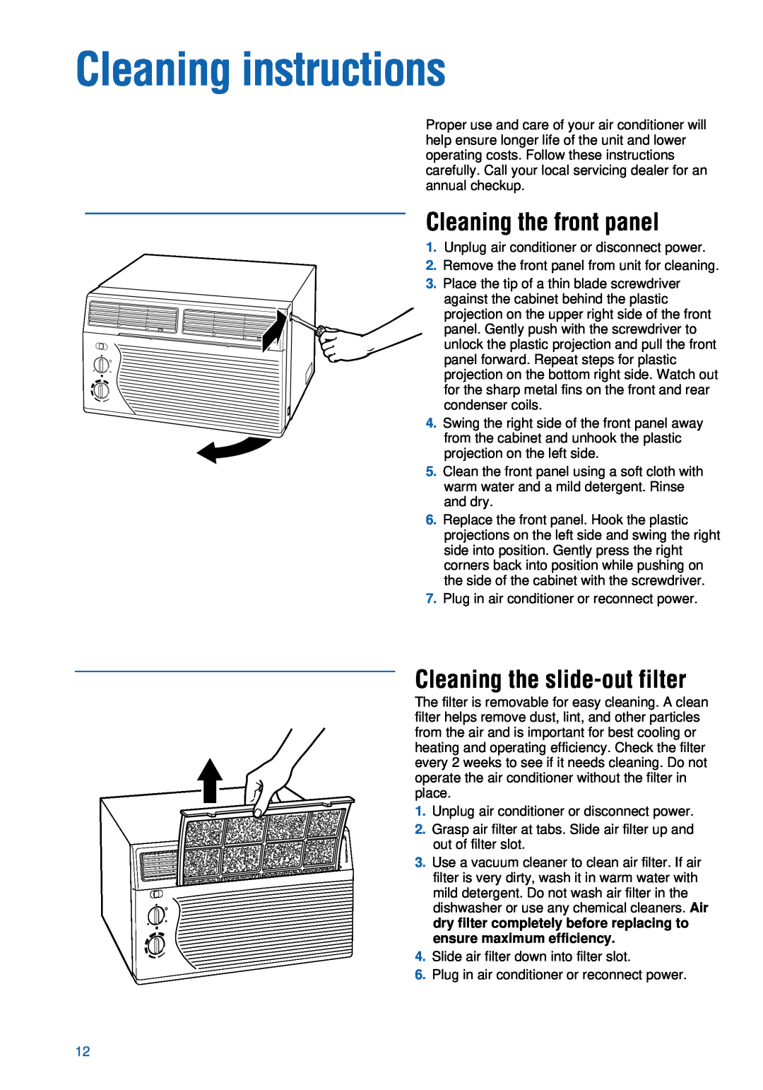 Whirlpool ACU124PK0 installation instructions Cleaning instructions, Cleaning the front panel, Cleaning the slide-outfilter 