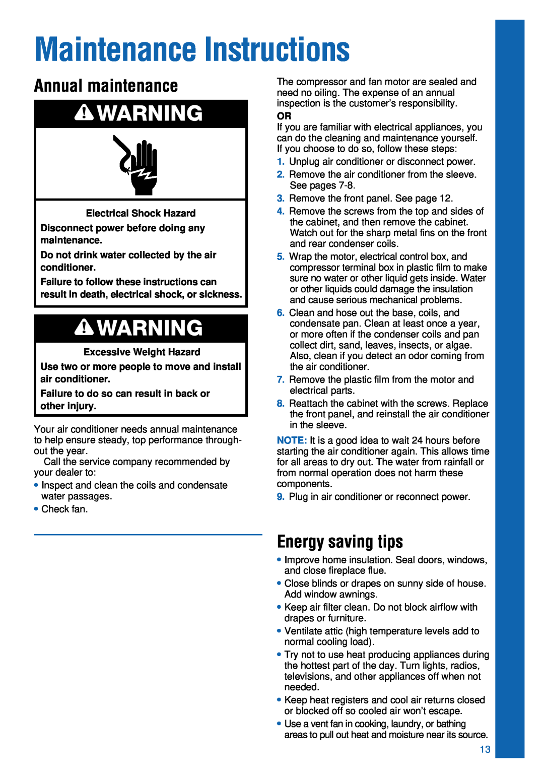Whirlpool ACU124PK0 Maintenance Instructions, Annual maintenance, Energy saving tips, Electrical Shock Hazard 