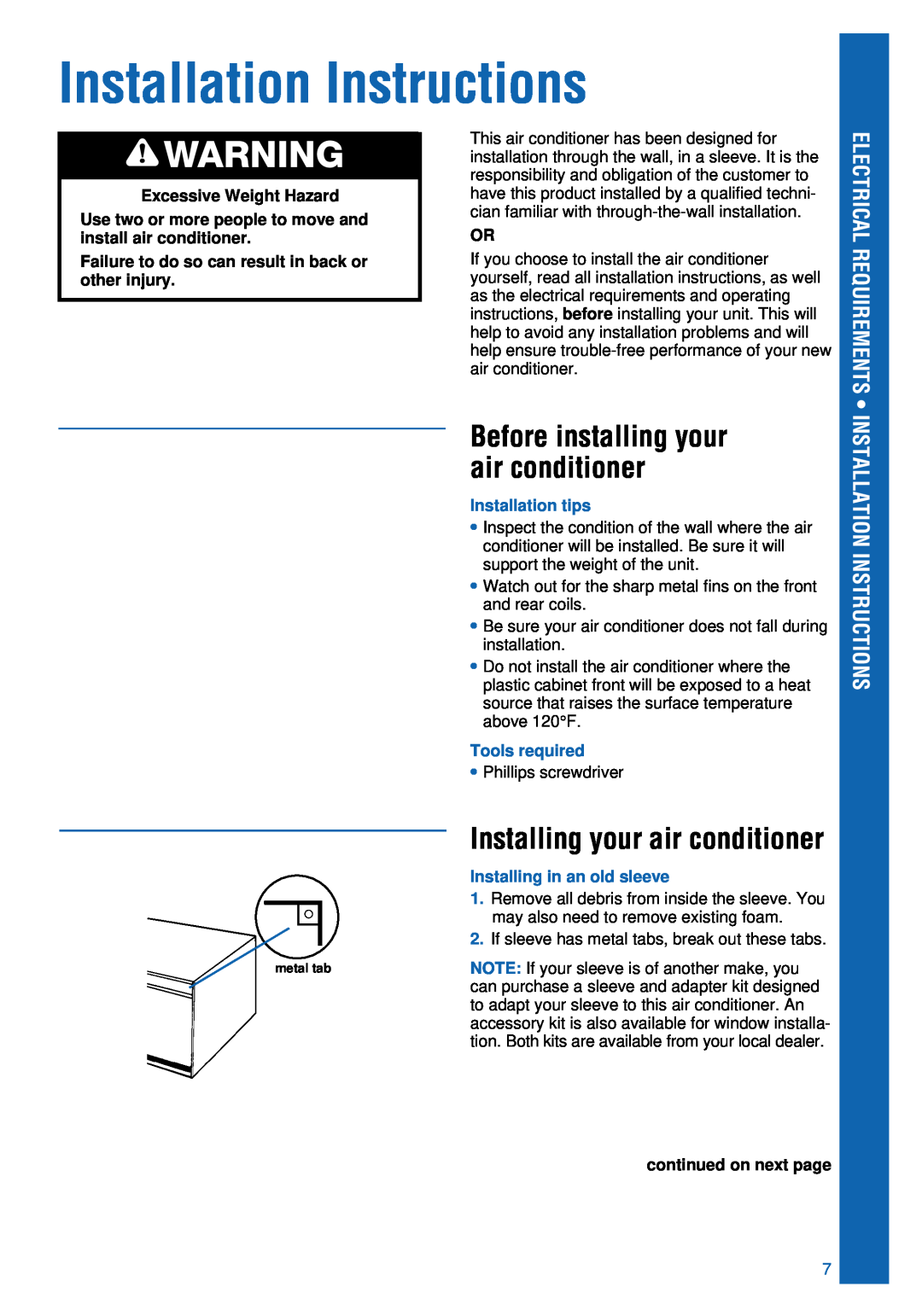 Whirlpool ACU124PK0 Installation Instructions, Installing your air conditioner, Before installing your air conditioner 