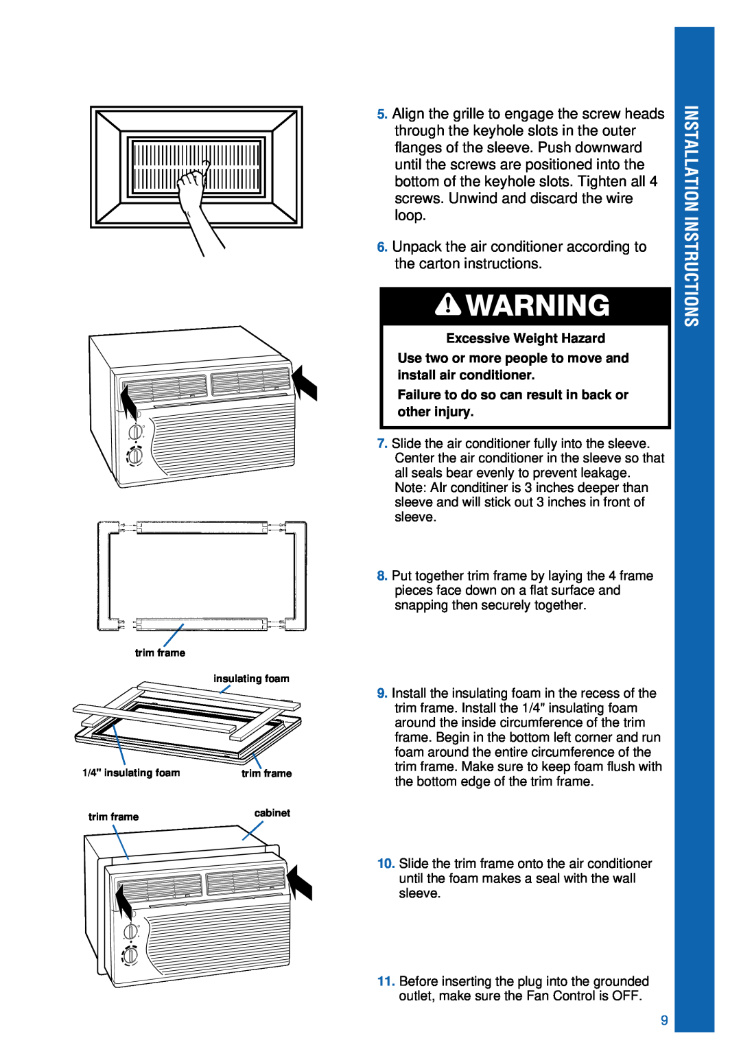 Whirlpool ACU124PK0 Installation Instructions, trim frame insulating foam, 1/4 insulating foam, cabinet 