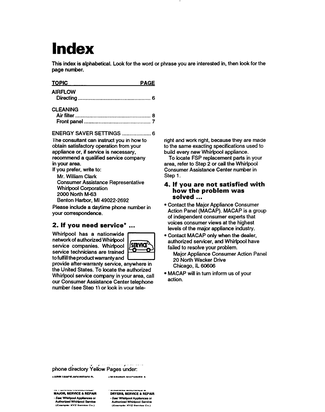 Whirlpool ACU124XD0 warranty Index 