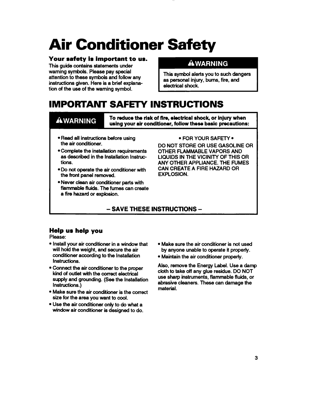 Whirlpool ACU124XD0 warranty Air Conditioner, Safety, Important SAFElY Instructions 