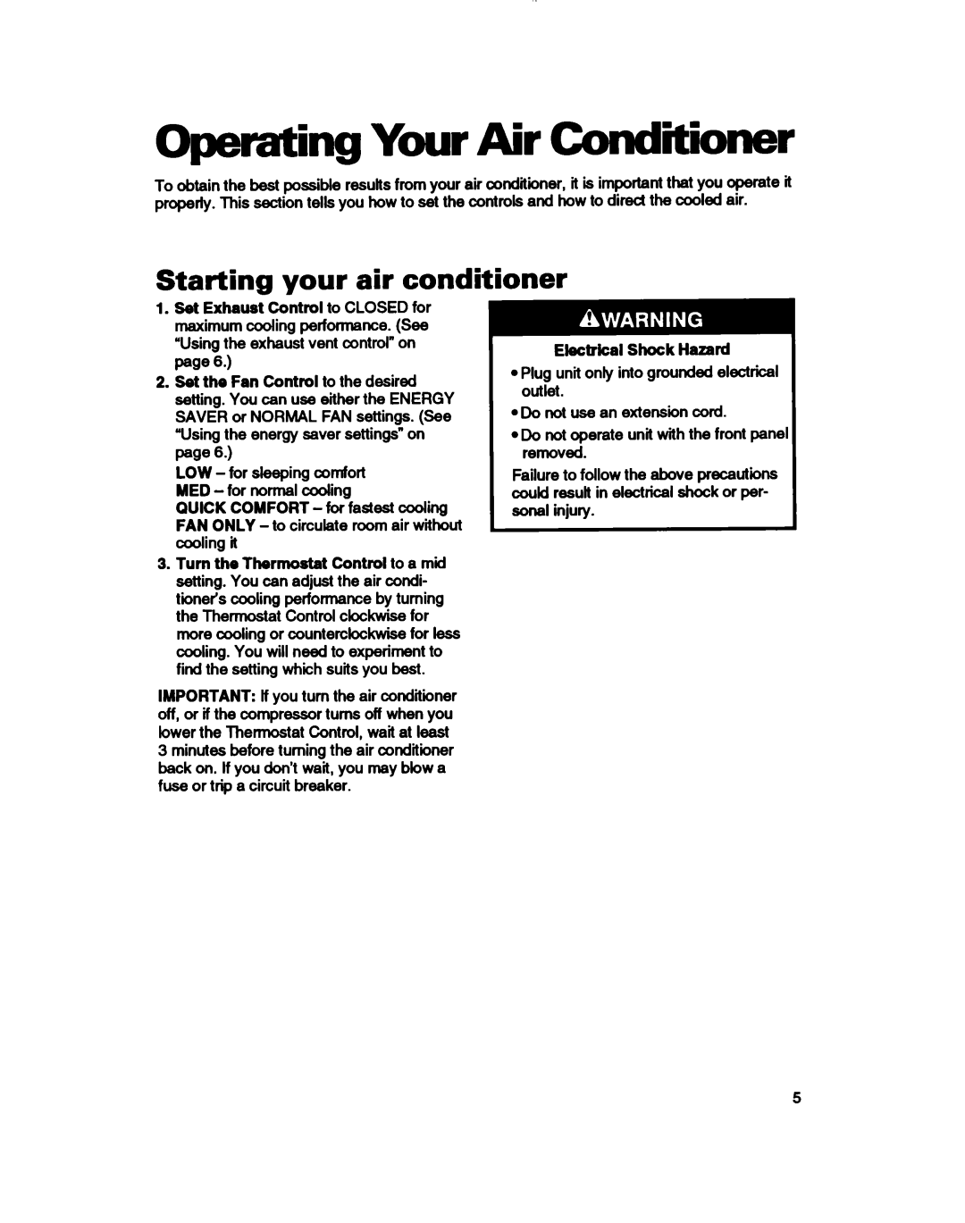 Whirlpool ACU124XD0 warranty Starting your air conditioner, Quick COMFORT-for fastest coding, Electrical Shock Hazard 