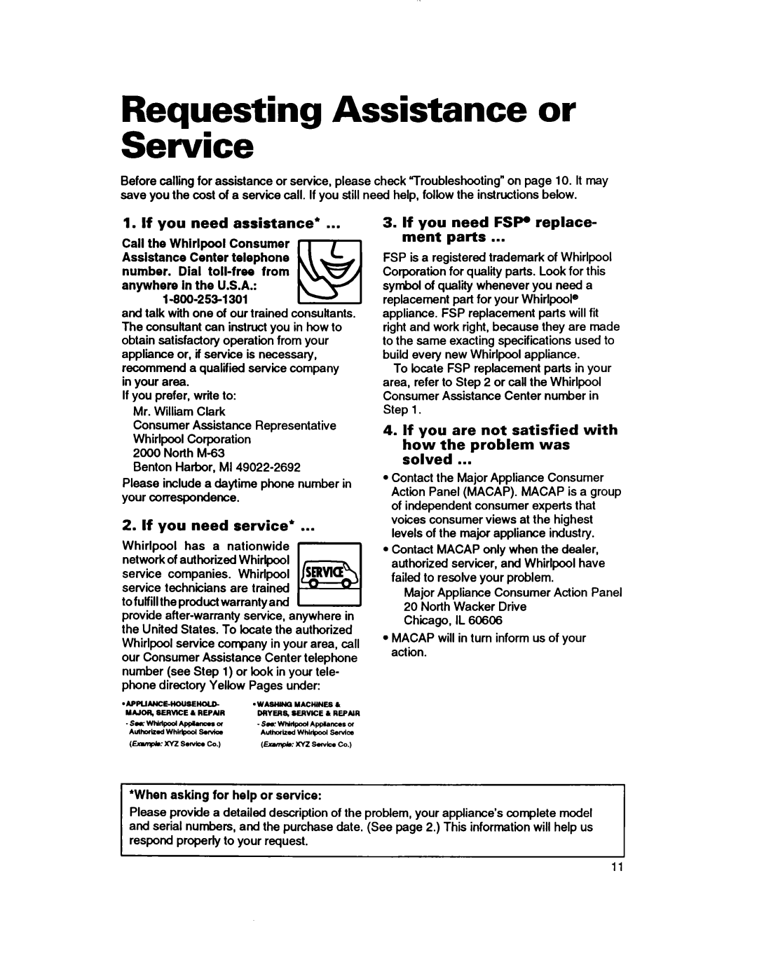 Whirlpool ACU124XD0 Requesting Assistance or Service, If you need assistance, If you need service, l-800-253-1301El 