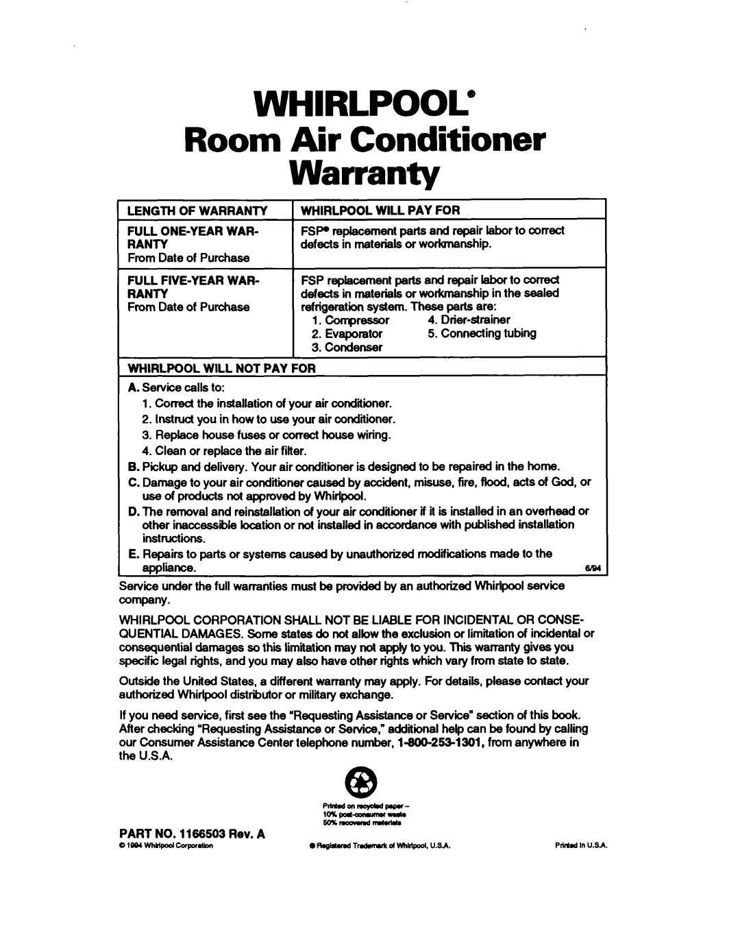 Whirlpool ACU124XD0 warranty Whirlpool@, Room Air Conditioner Warranty 