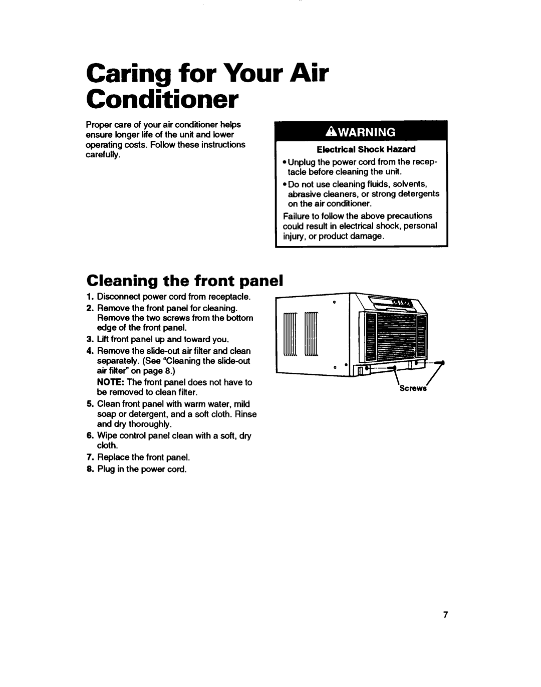 Whirlpool ACU124XD0 warranty Caring for Your Air Conditioner, Cleaning the front panel 
