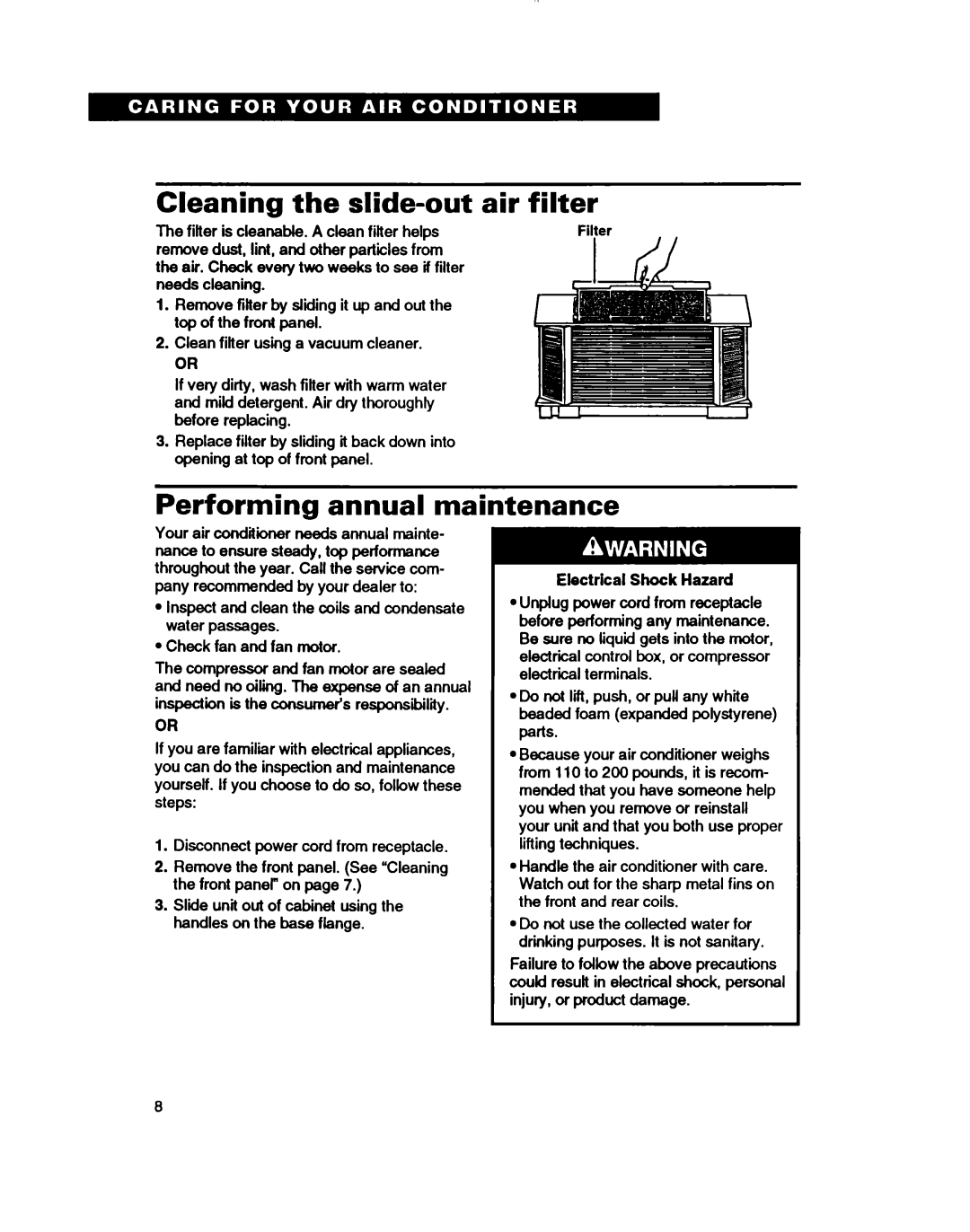 Whirlpool ACU124XD0 Cleaning the slide-out, air filter, Performing annual maintenance, Filter, Electrical Shock Hazard 