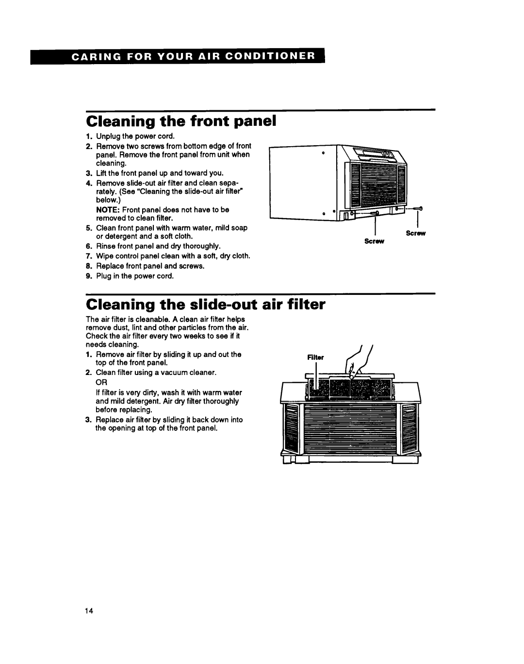 Whirlpool ACXO82XZO warranty Cleaning the front panel, Cleaning the slide-out air filter 