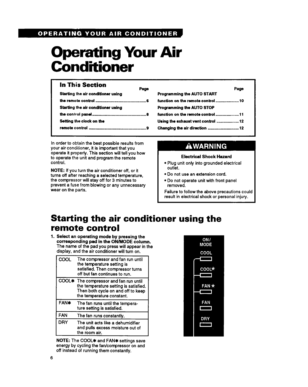 Whirlpool ACXO82XZO warranty Operating Your Air Conditioner, Starting the air conditioner using the remote control 