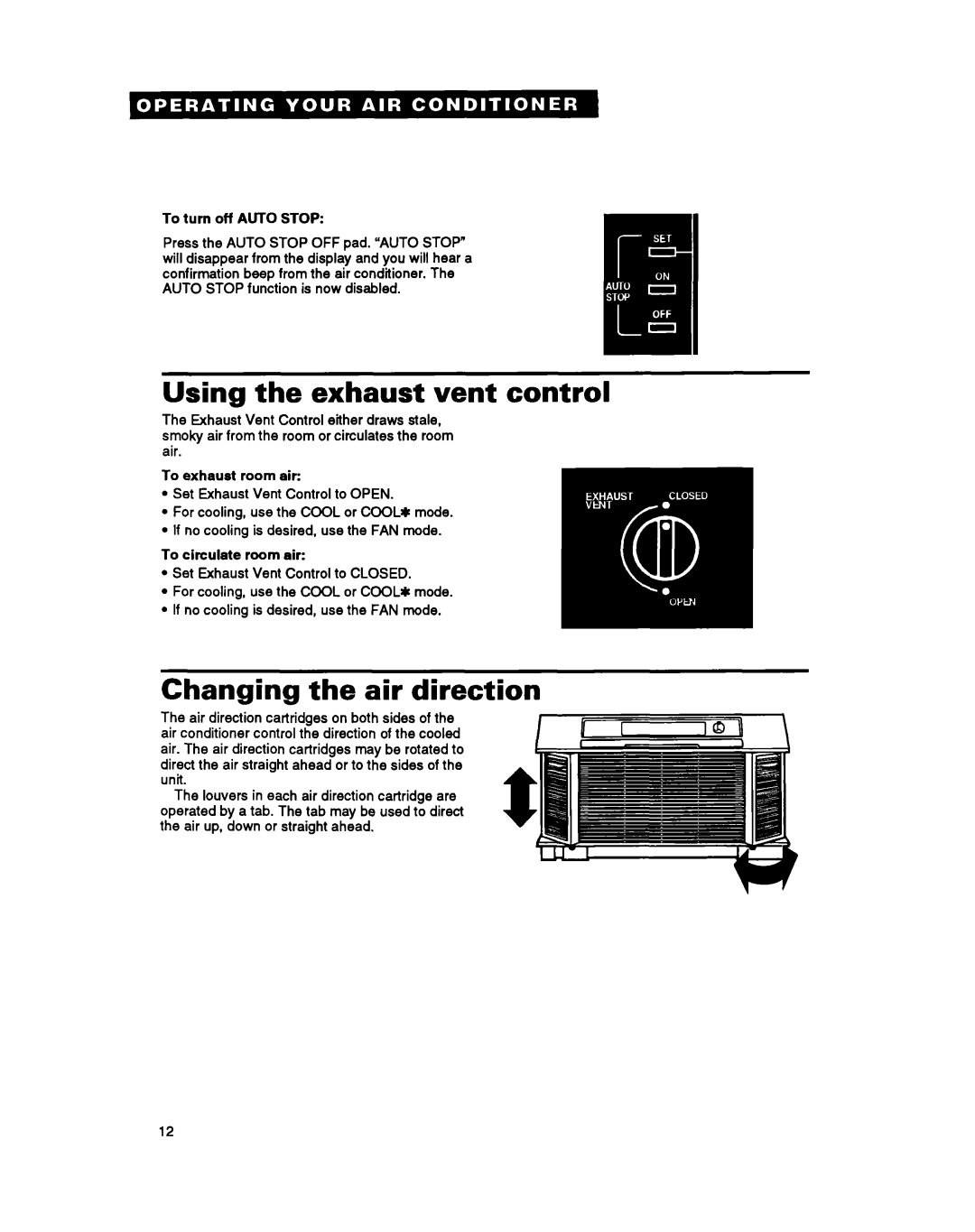 Whirlpool ACXO82XZO warranty Using the exhaust vent control, Changing the air direction 