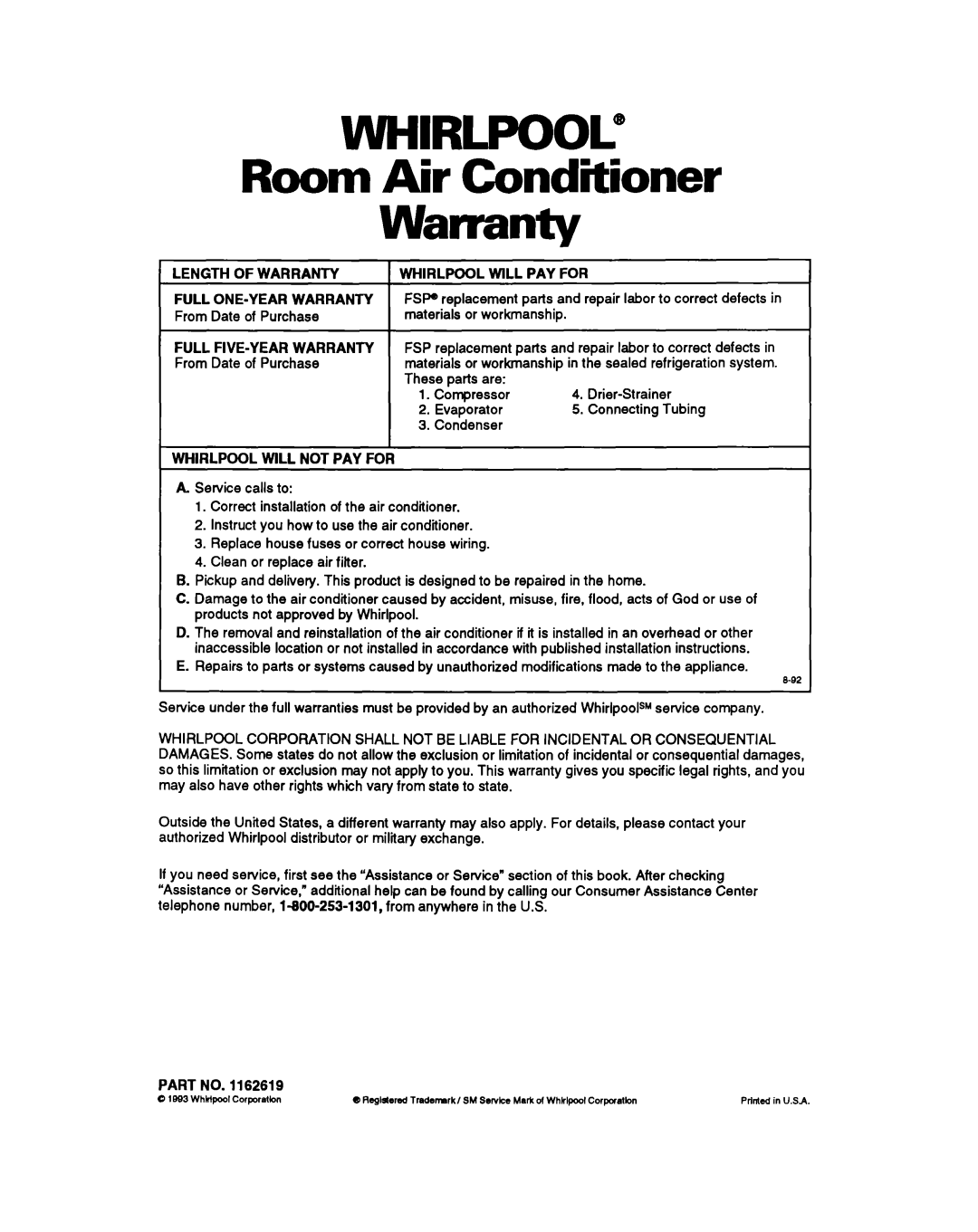 Whirlpool ACXO82XZO warranty WHIRLPOOL@ Room Air Conditioner Warranty 
