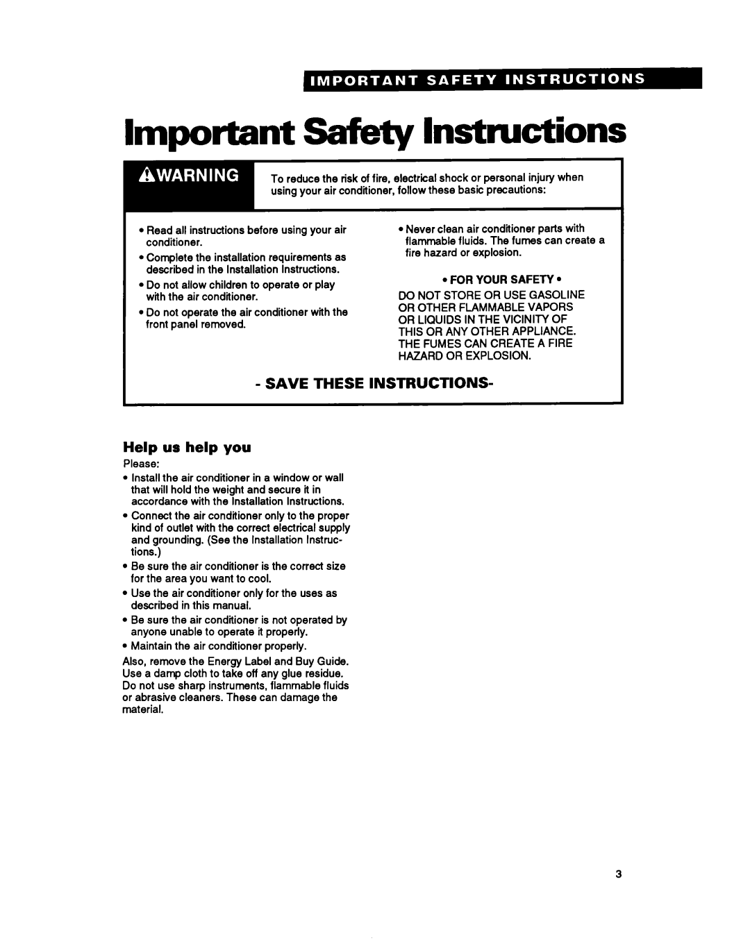 Whirlpool ACXO82XZO warranty Important Safety Instructions, Save These Instructions, Help us help you 