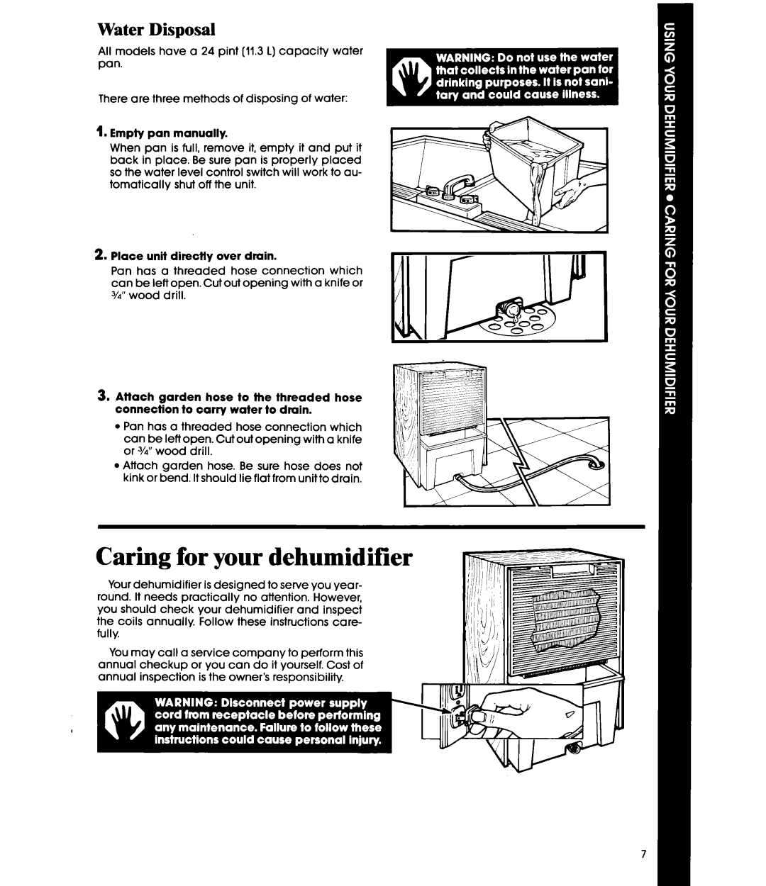 Whirlpool AD0402XM0 manual Caring for your dehumidifier, Water Disposal 