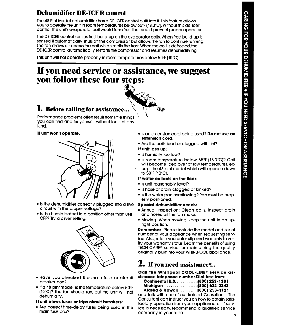 Whirlpool AD0402XM0 manual Dehumidifier DE-ICER control, Before calling for assistance, If you need assistance? 