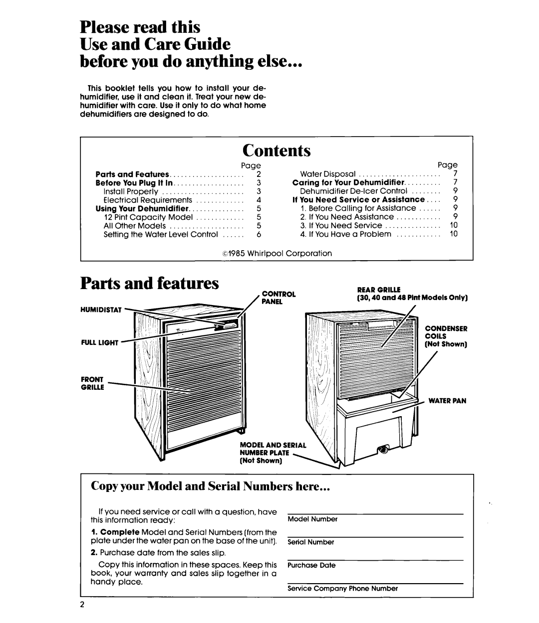 Whirlpool AD0402XM0 manual before you do anything else, Contents, Parts and features, Please read this Use and Care Guide 