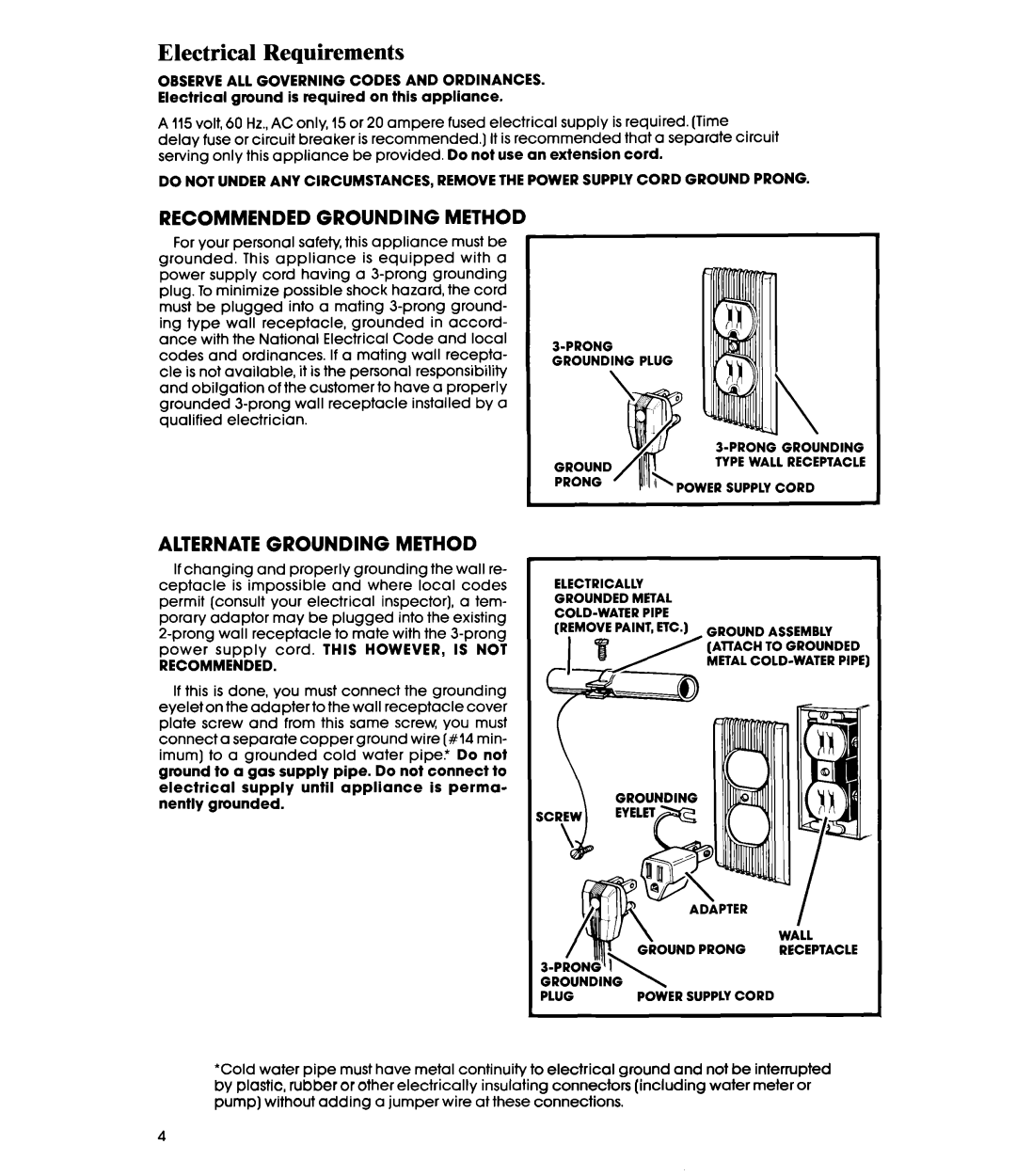 Whirlpool AD0402XM0 manual Electrical Requirements, Recommended Grounding Method, Alternate Grounding Method 