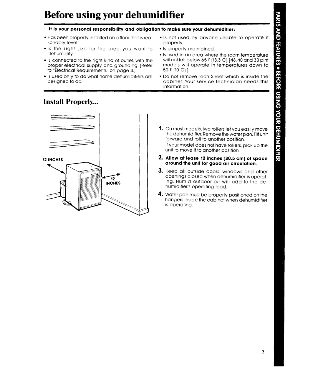 Whirlpool AD0402XS0 manual Before using your dehumidifier, Install Properly, Inches 