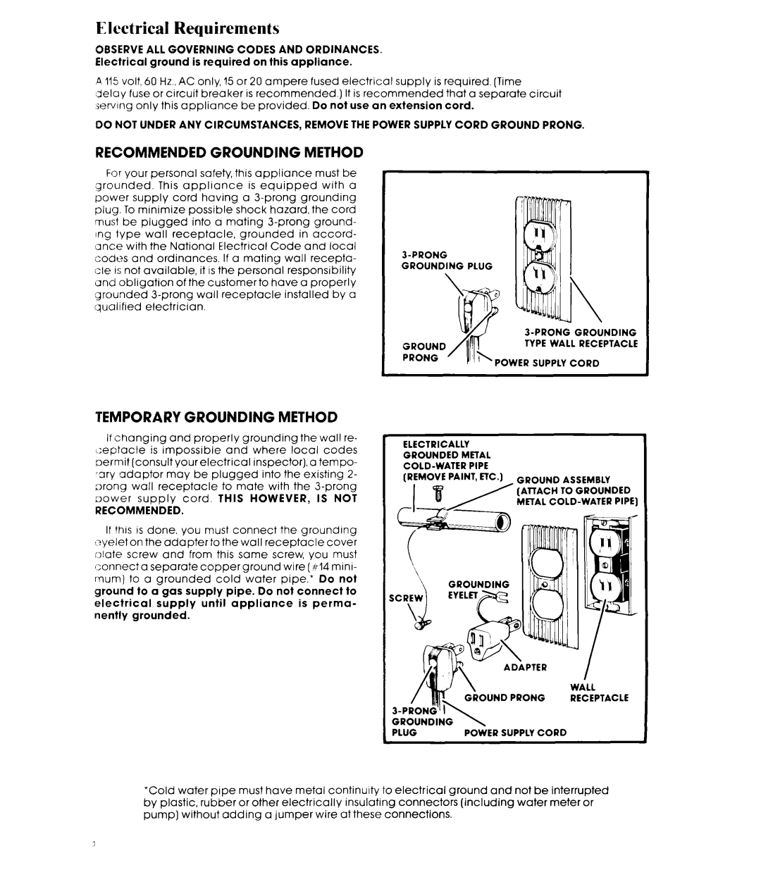 Whirlpool AD0402XS0 Electrical Requirements, Observe ALL Governing Codes and Ordinances, Nding Ptacle Power Supplycord 