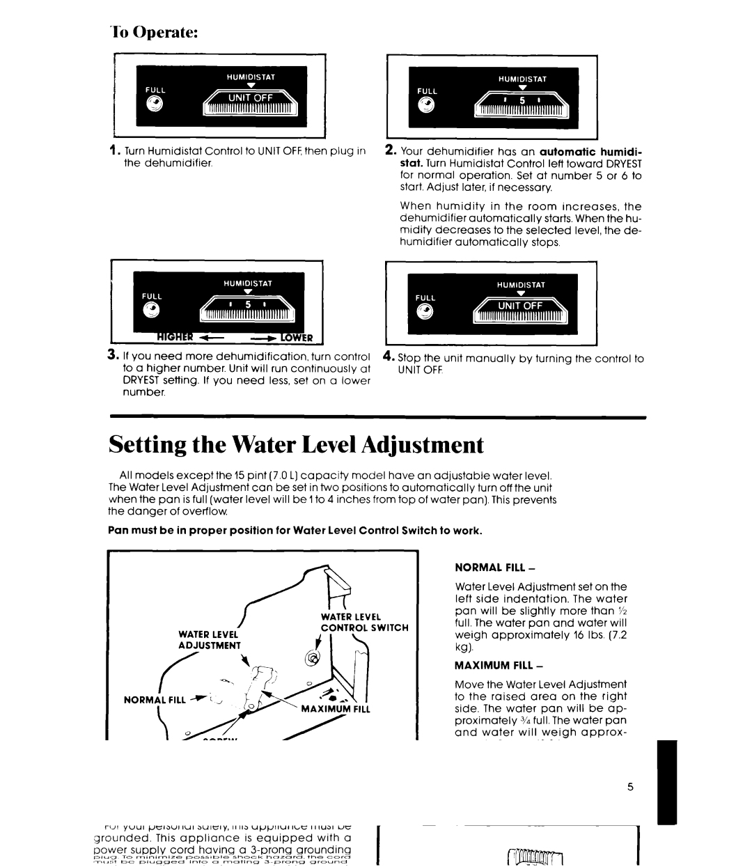 Whirlpool AD0402XS0 manual Setting the Water Level Adjustment, To Operate, Unit OFF, Normal Fill, Maximum Fill 