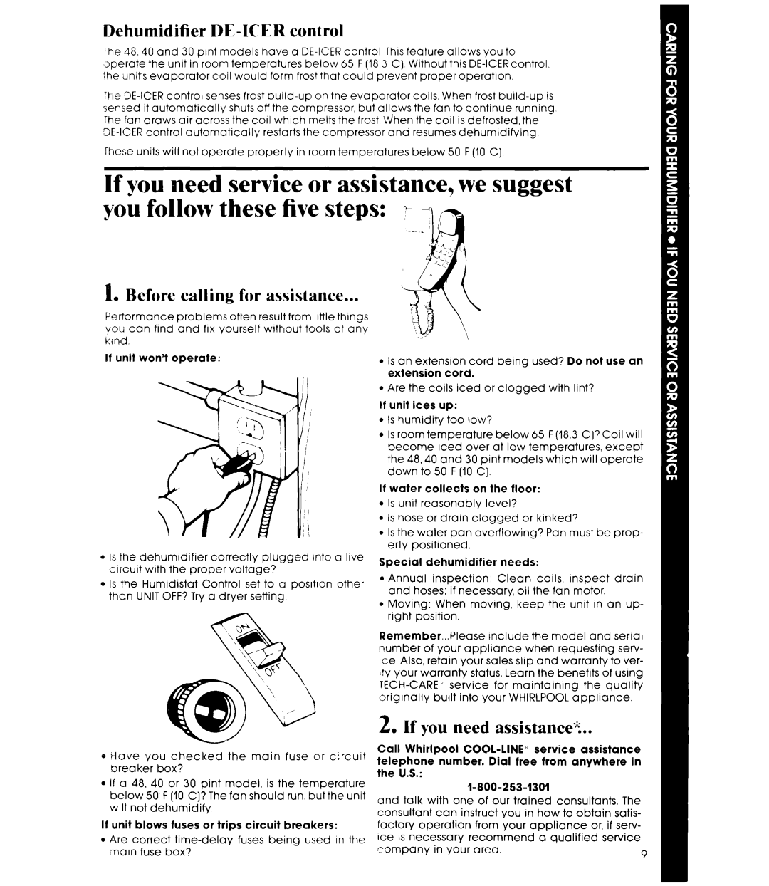 Whirlpool AD0402XS0 manual Dehumidifier DE-ICER control, Before calling for assistance, If you need assistance?, Cool-Line 