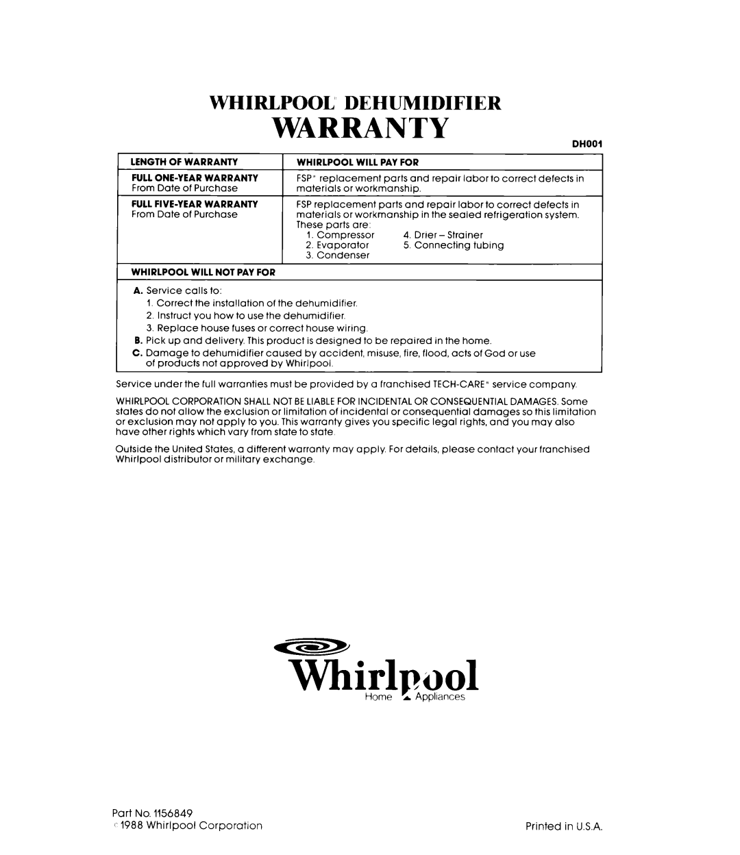 Whirlpool AD0402XS0 manual Whirlpool Dehumidifier, Warranty 