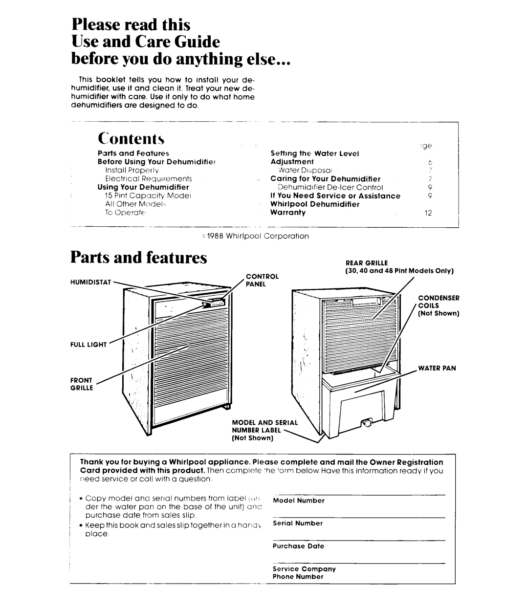 Whirlpool AD0402XS0 manual before you do anything else, Parts and features, Content, Please read this Use and Care Guide 