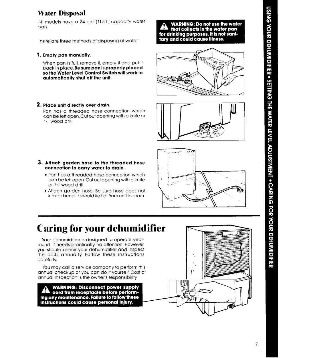Whirlpool AD0402XS0 manual Caring for your dehumidifier, Water Disposal 