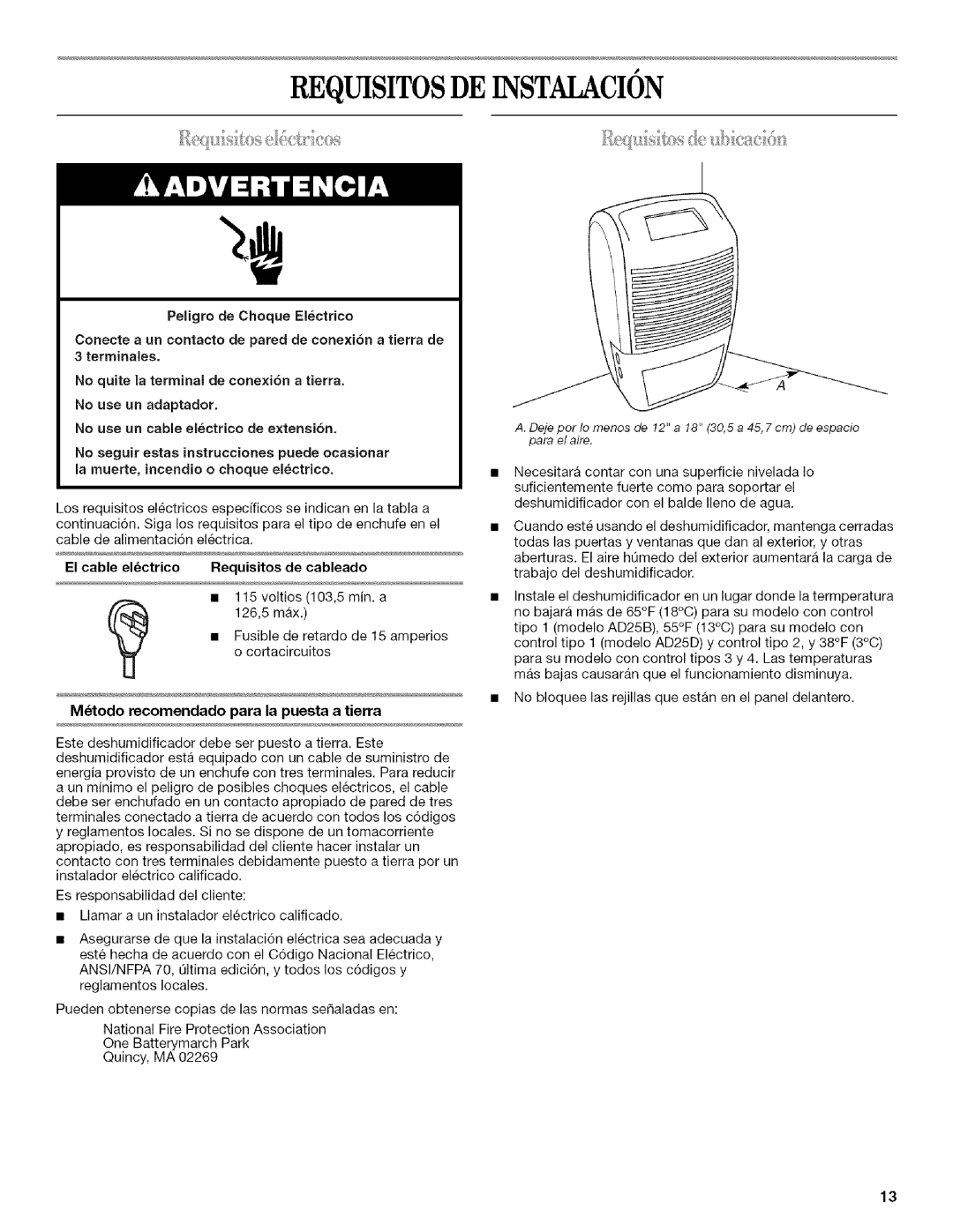 Whirlpool AD25B manual Requisitosde Instalacion, Mtodo recomendado para la puesta a tierra, Peligro de Choque Elctrieo 