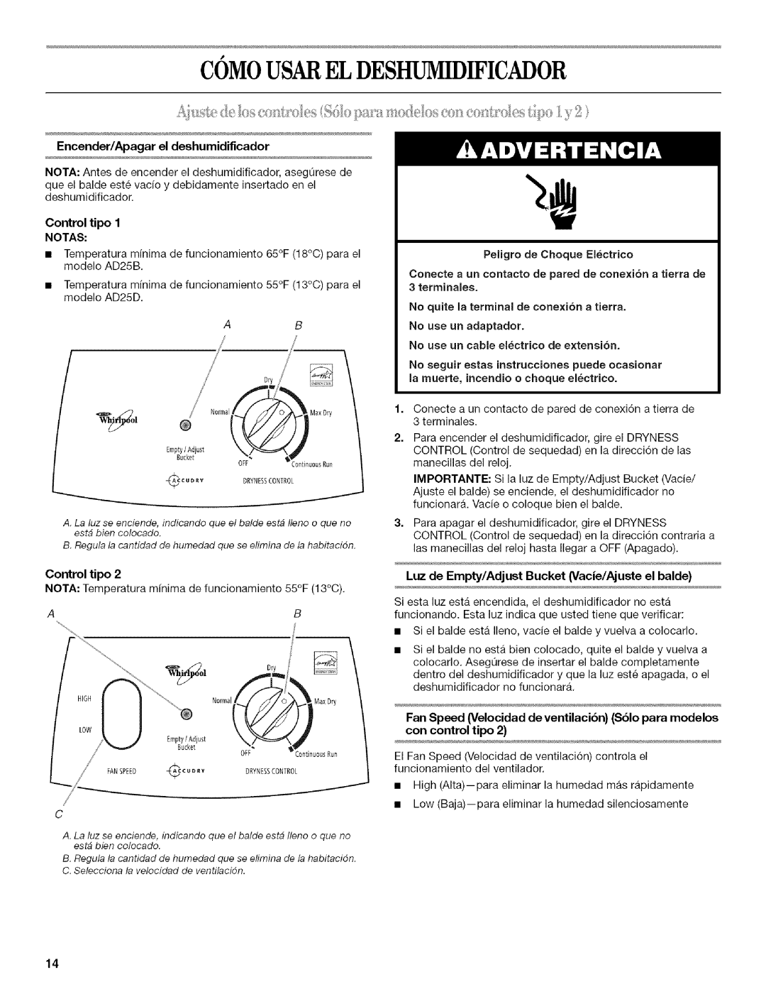 Whirlpool AD25B manual Comousareldeshumidificador, Encender/Apagar el deshumidiflcador, Control tipo 