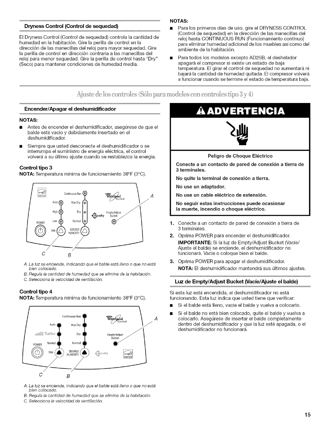 Whirlpool AD25B manual Dryness Control Control de sequedad 