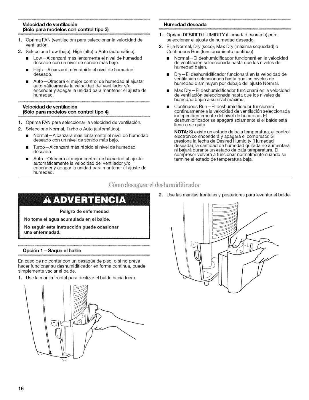 Whirlpool AD25B manual Velocidad de ventilacibn Sblo para modelos con control tipo, Peligro de enfermedad, Humedad deseada 