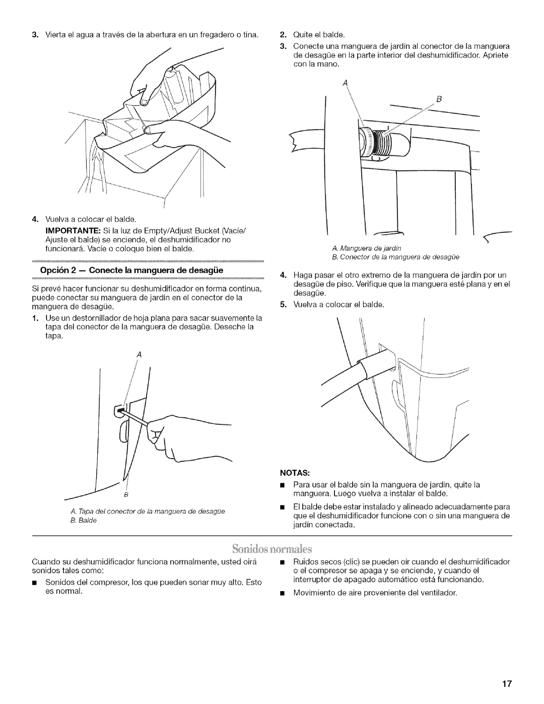 Whirlpool AD25B manual Opcibn 2 -- Conecte la manguera de desagie, Tapadel conector de la manguera de desagfe Balde 