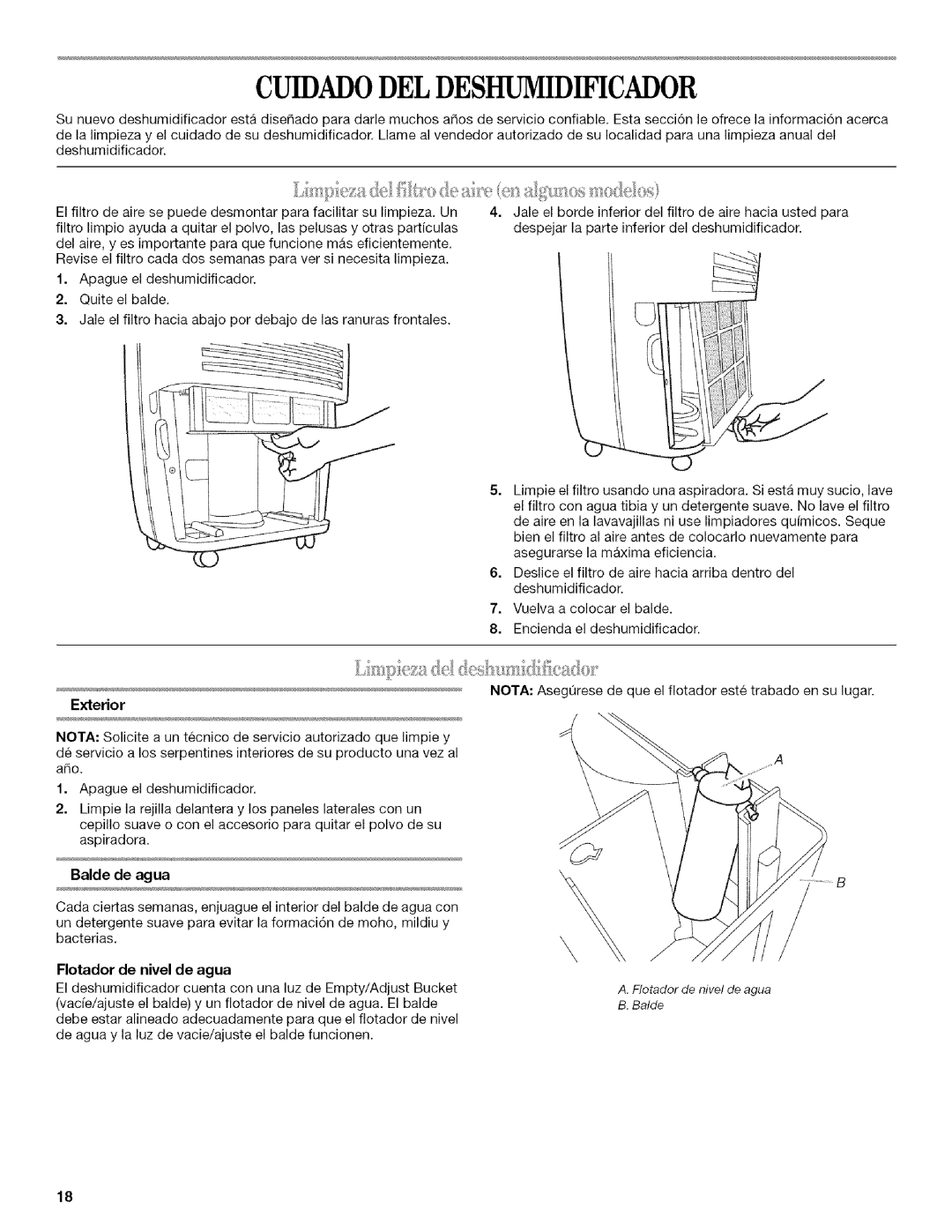 Whirlpool AD25B manual Cuidadodeldeshumidificador, Exterior 