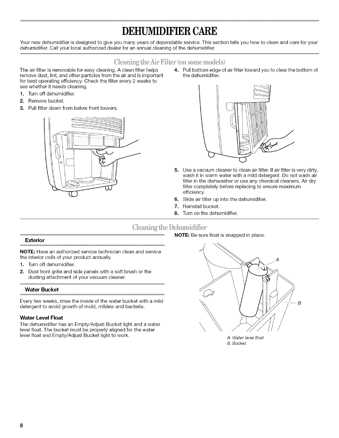 Whirlpool AD25B manual Dehumidifiercare, Exterior, Water Bucket, Water Level Float 