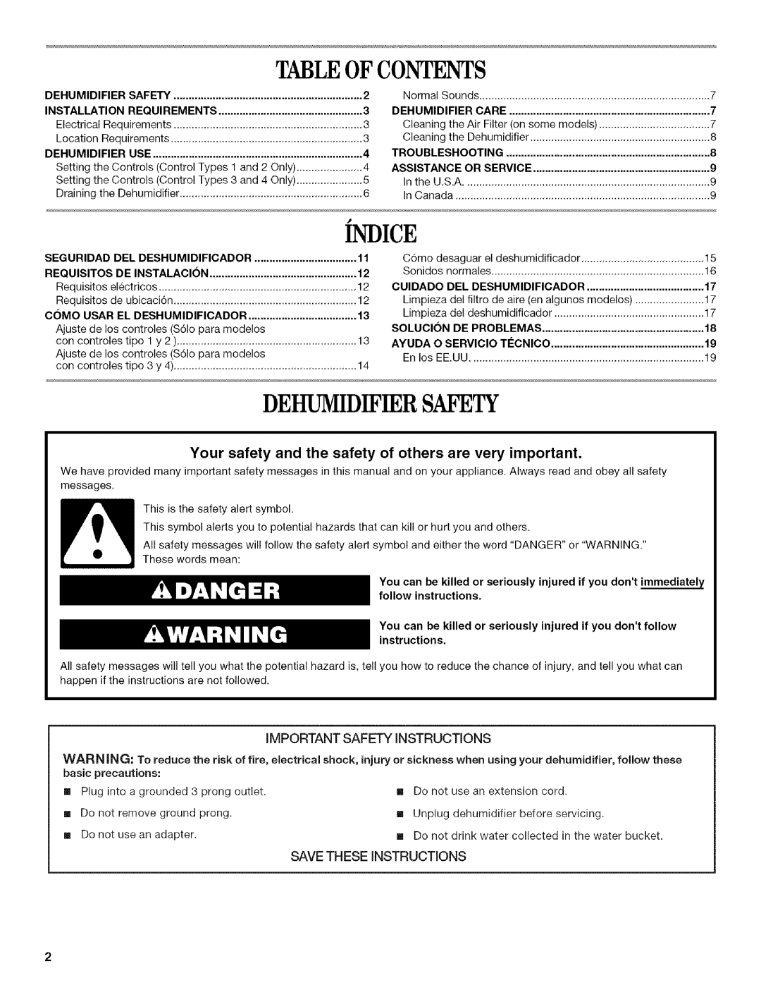 Whirlpool AD25B manual Tableof Contents, Indice, Dehumidifiersafety, iMPORTANT SAFETY iNSTRUCTiONS, SAVE THESE iNSTRUCTiONS 