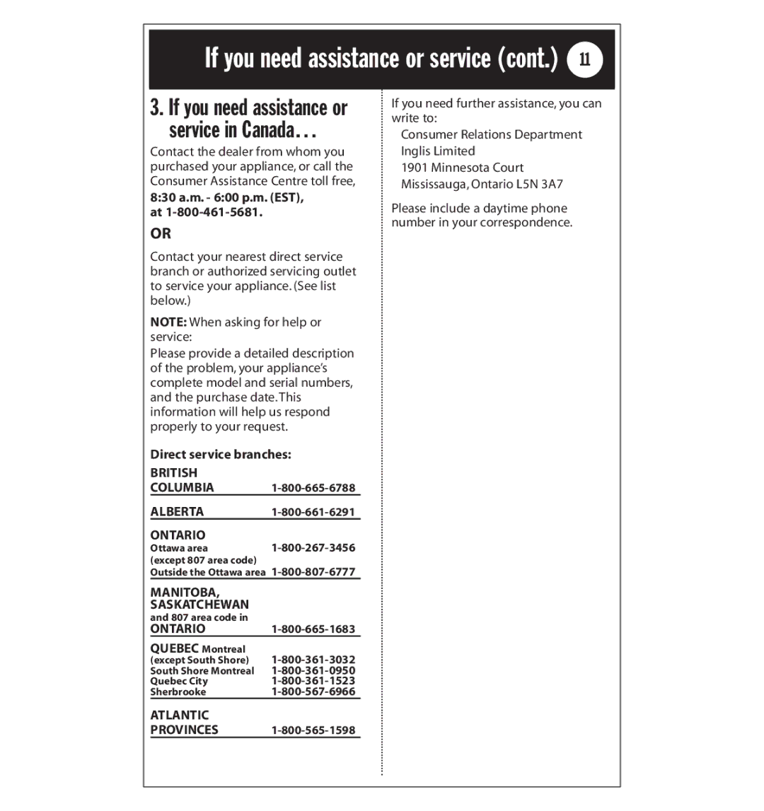 Whirlpool AD25BBK0 manual If you need assistance or service in Canada… 