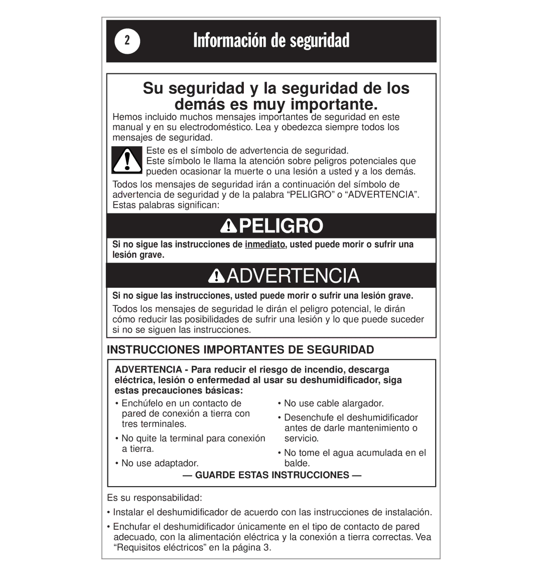 Whirlpool AD25BBK0 manual Información de seguridad, Su seguridad y la seguridad de los demás es muy importante 