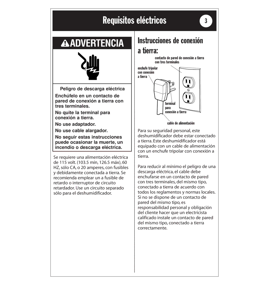 Whirlpool AD25BBK0 manual Advertencia, Instrucciones de conexión a tierra 