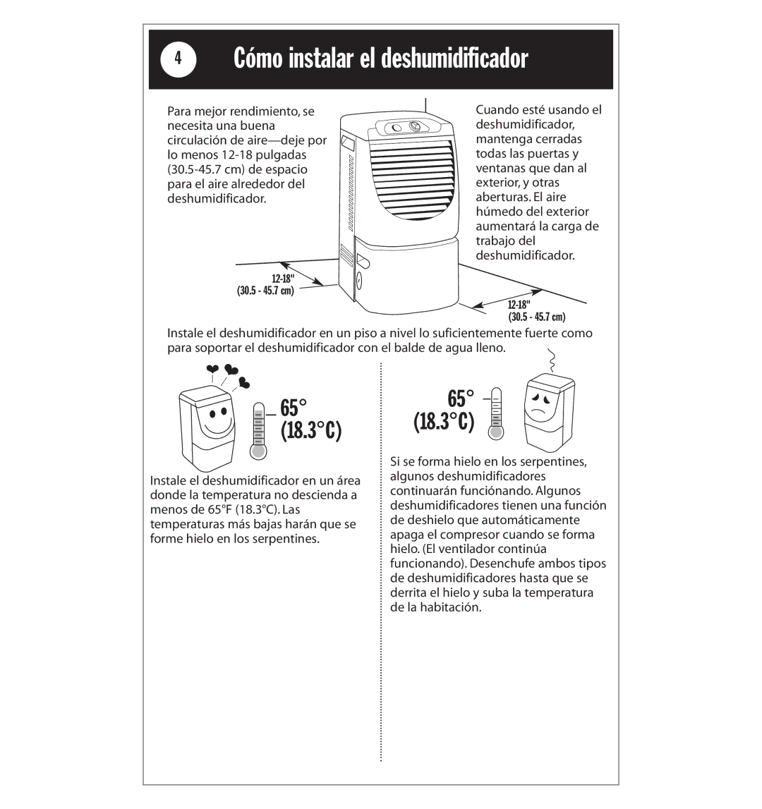 Whirlpool AD25BBK0 manual Cómo instalar el deshumidificador, 65 18.3C 