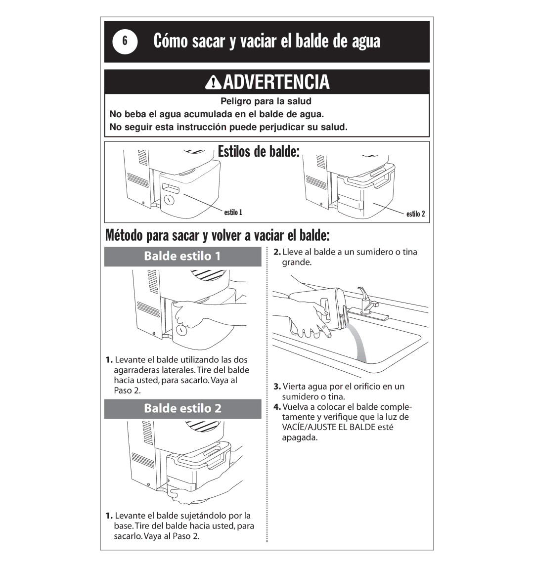 Whirlpool AD25BBK0 Cómo sacar y vaciar el balde de agua, Estilos de balde, Método para sacar y volver a vaciar el balde 