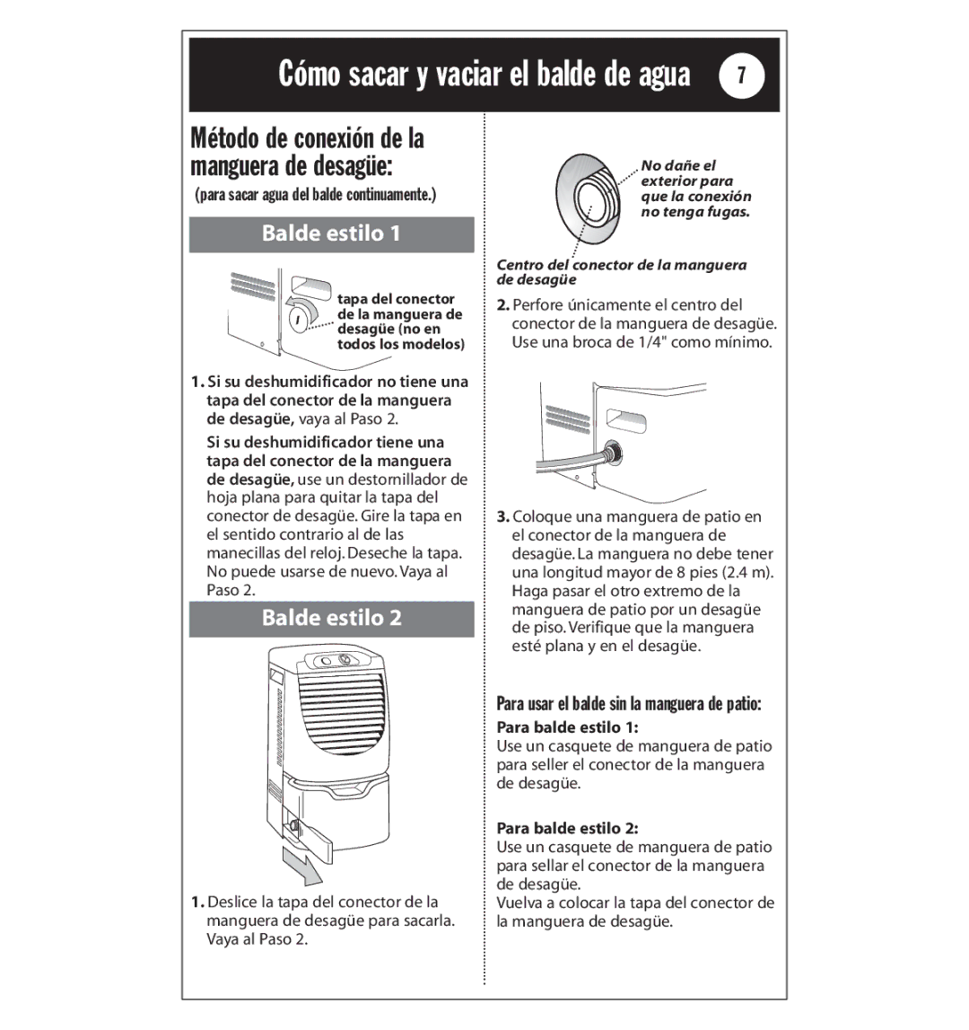 Whirlpool AD25BBK0 manual Cómo sacar y vaciar el balde de agua, Método de conexión de la manguera de desagüe 