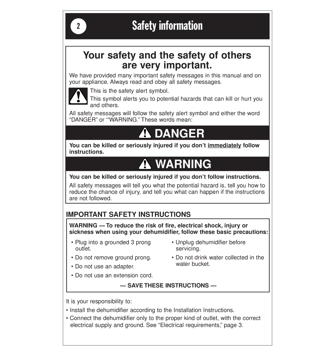 Whirlpool AD25BBK0 manual Safety information, Your safety and the safety of others Are very important 