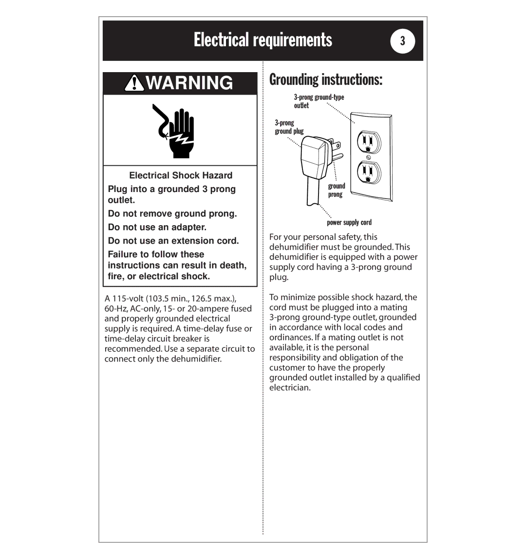 Whirlpool AD25BBK0 manual Electrical requirements, Grounding instructions 