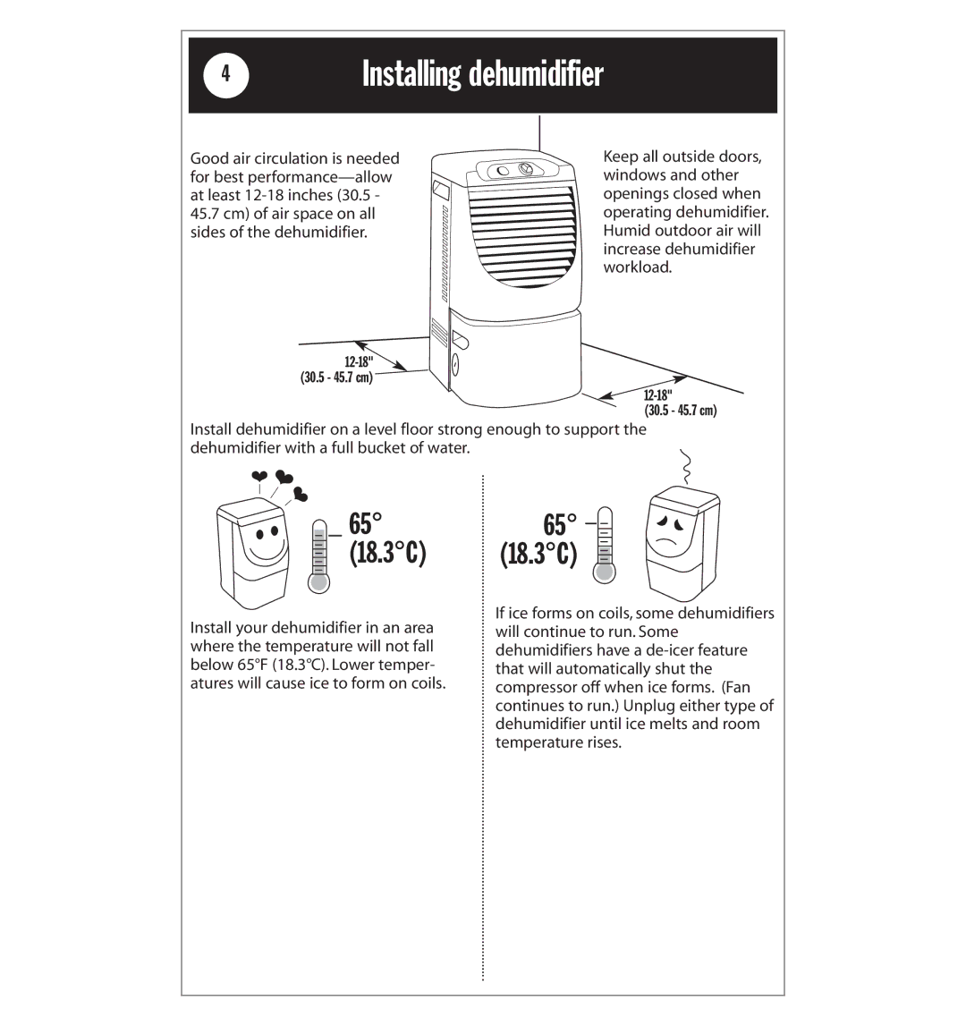 Whirlpool AD25BBK0 manual 4InstallingSafetyinformationdehumidifier, 18.3C 