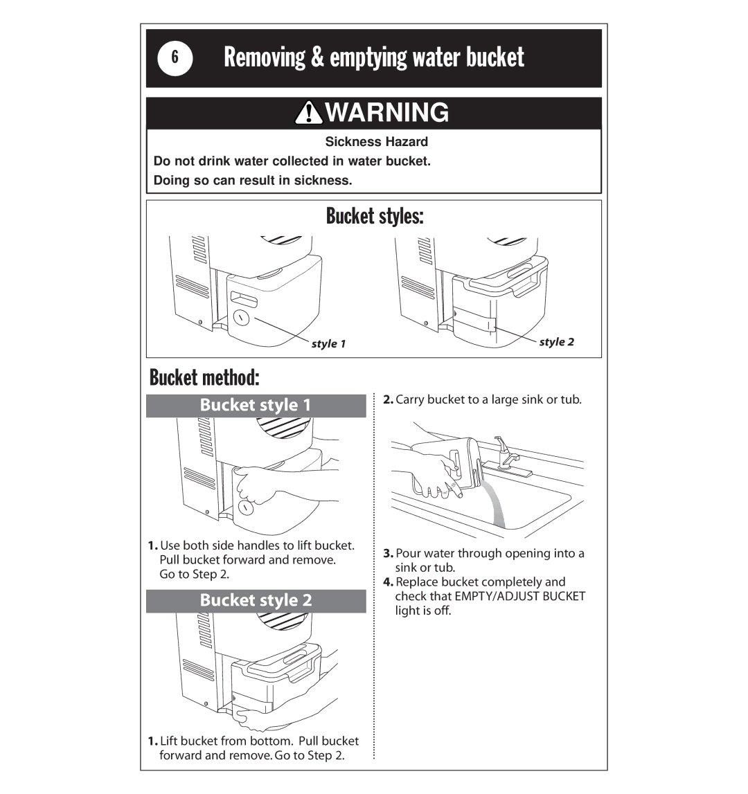 Whirlpool AD25BBK0 manual Removing & emptying water bucket, Bucket styles, Bucket method 