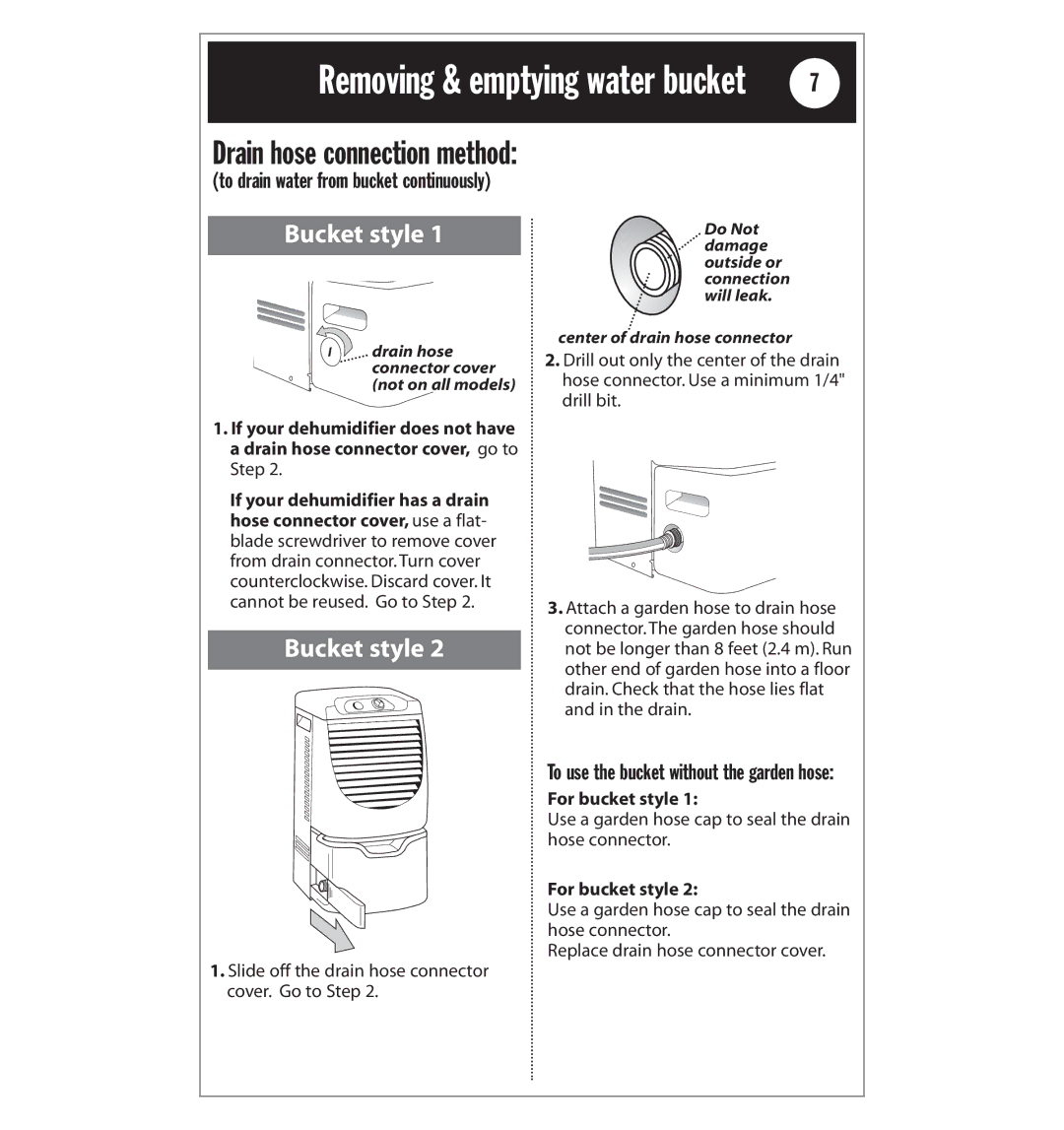 Whirlpool AD25BBK0 manual Removing & emptying water bucket, Drain hose connection method 