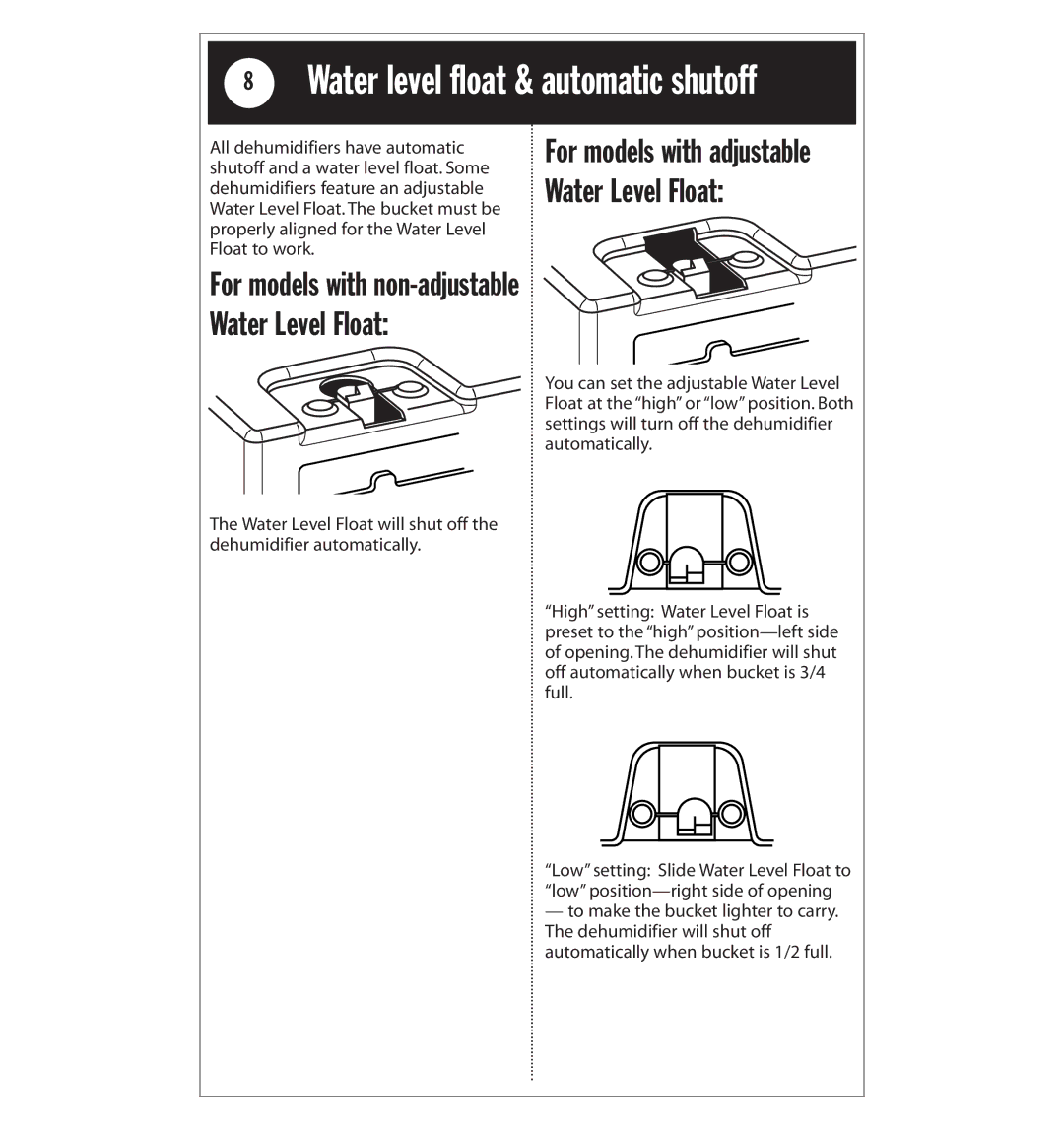 Whirlpool AD25BBK0 manual Water levelSafetyloatinformation& automatic shutoff 