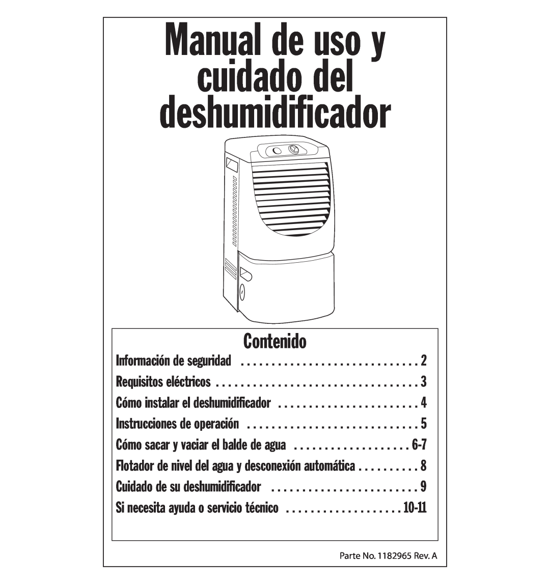 Whirlpool AD25BBK0 manual Contenido, Manual de uso y cuidado del deshumidificador 