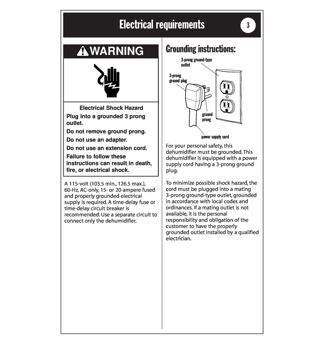 Whirlpool AD25BBK0 Electrical requirements, Grounding instructions, Electrical Shock Hazard, Do not use an extension cord 